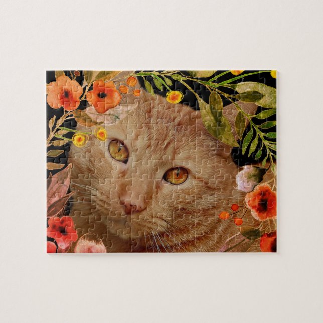 Orange Tabby Cat Foto mit Blume Rahmen Jigsaw (Horizontal)