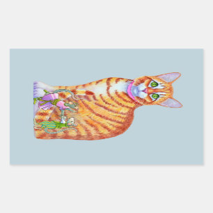 Orange Tabby Cat mit Tanzmaus Front Rechteckiger Aufkleber