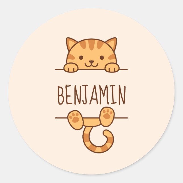 Orange Tabby Cat Peeking hinter Individuelle Name Runder Aufkleber (Vorderseite)