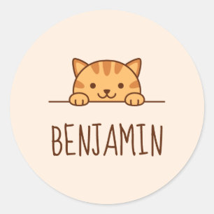 Orange Tabby Cat Peeking über Individuelle Name Runder Aufkleber