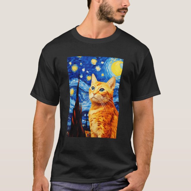 Orange Tabby Cat Starry Night Vincent van Gogh Pet T-Shirt (Vorderseite)
