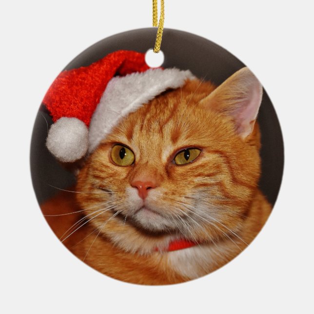Orange Tabby Christmas Cat Keramik Ornament (Vorne)