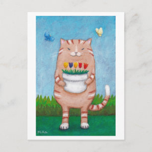 Orange Tabby Katze mit Blume Schmetterlinge Postka Postkarte