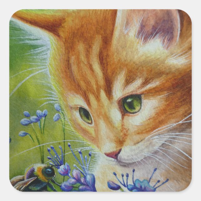Orange Tabby Kitten & Bumblebee Quadratischer Aufkleber (Vorderseite)