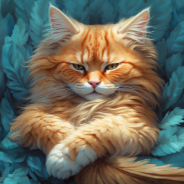 Orange Tabby Kitten in Bed of Blue Feathers