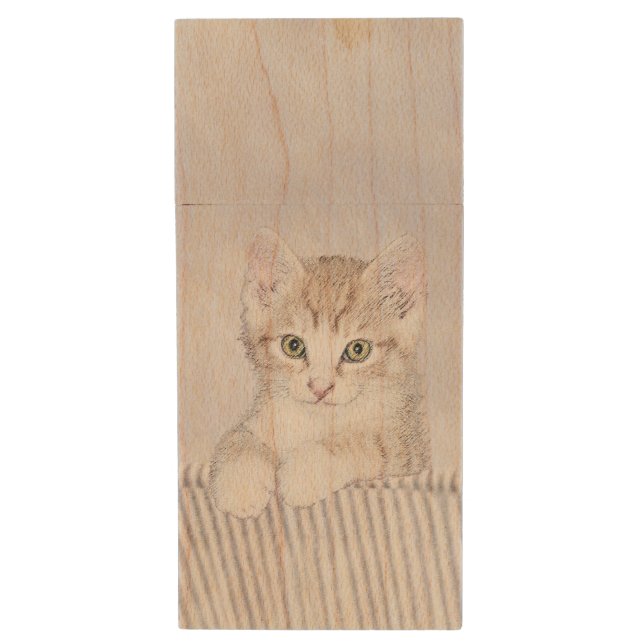 Orange Tabby Kitten Painting - Originelle Katze Ku Holz USB Stick (Vorderseite Vertikal)
