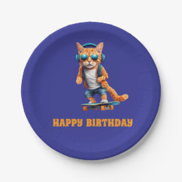 Orange Tabby Skateboarder Pappteller