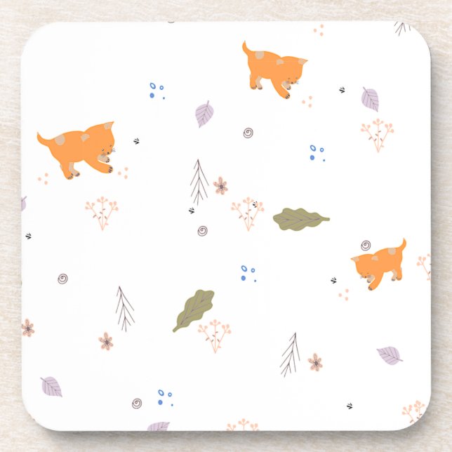 Orange Tabby und Blätter Muster Getränkeuntersetzer (Vorderseite)