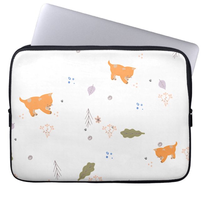 Orange Tabby und Blätter Muster Laptopschutzhülle (Vorderseite)