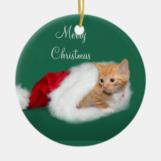 Orange Tabby Weihnachtsmannmütze Keramikornament (Vorne)