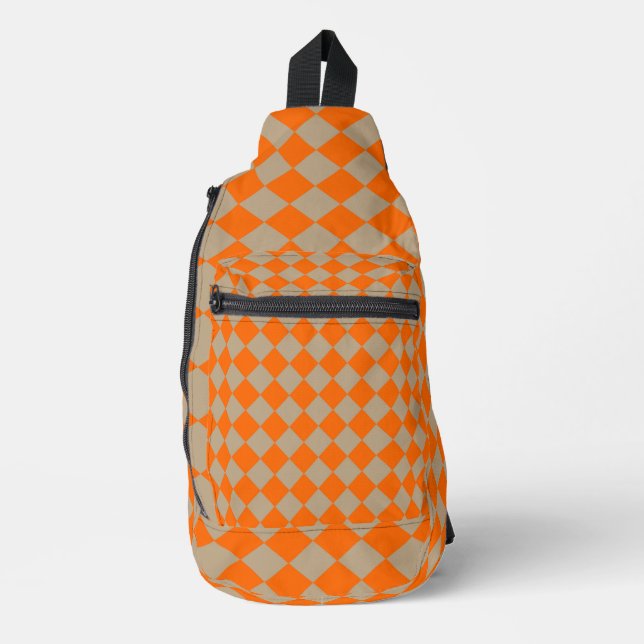 Orange Taupe Checker Diamond Pattern Crossbody Bag (Vorderseite)