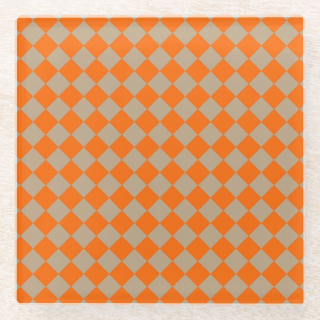 Orange Taupe Checker Diamond Pattern Glasuntersetzer (Vorderseite)