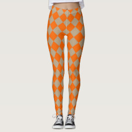Orange Taupe Checker Diamond Pattern Leggings