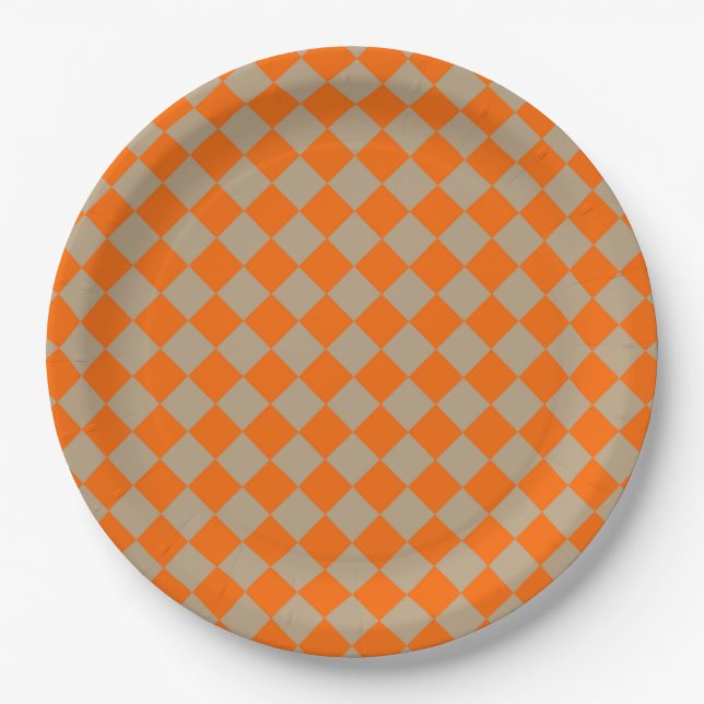 Orange Taupe Checker Diamond Pattern Pappteller (Vorderseite)
