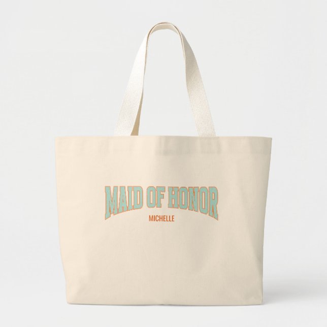 Orange + Teal Faux Glitter Varsity MAID OF HONOR  Jumbo Stoffbeutel (Vorne)