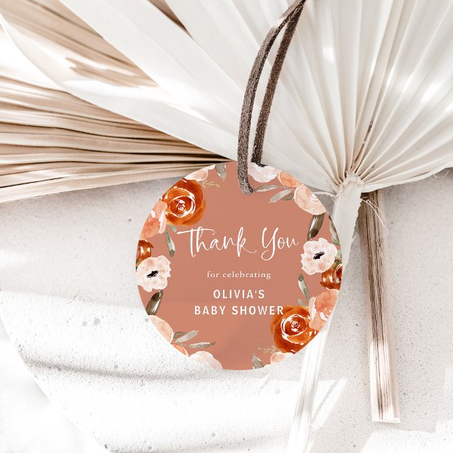 Orange Terracotta Boho | Babydusche Geschenkanhänger (A boho, terracotta baby shower favor tag with trendy neutral flowers)