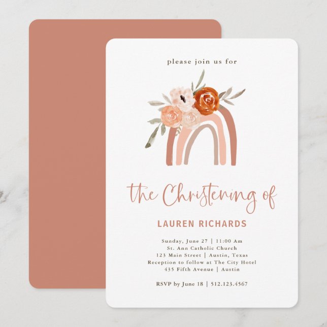 Orange Terracotta Boho | Rainbow Christening Einladung (Vorne/Hinten)