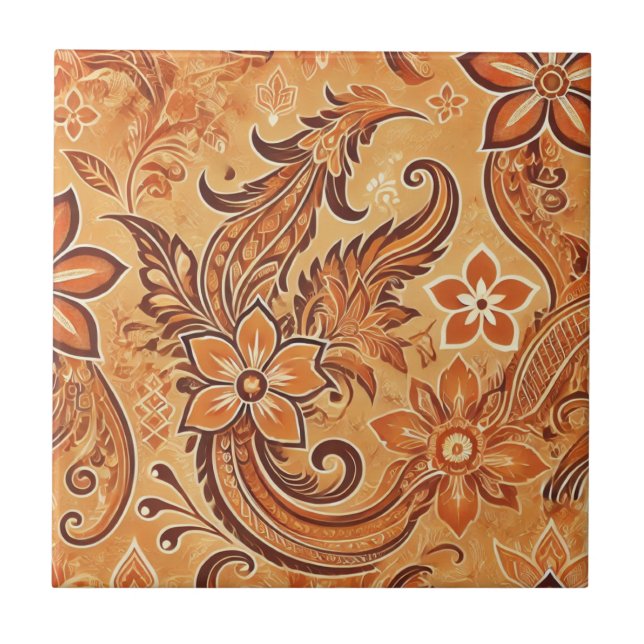 Orange Terracotta Floral Boho Indonesische Batik Fliese (Vorderseite)