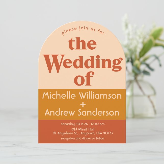 Orange Terracotta Moderne Retro Arché Invitation (Debout devant)