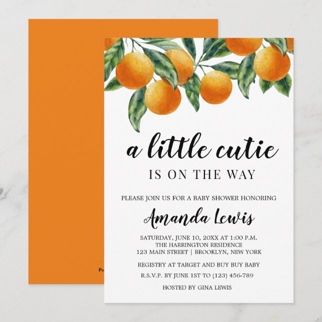 Orange Themed Little Süsse Kinderdusche Einladung (Vorne/Hinten)
