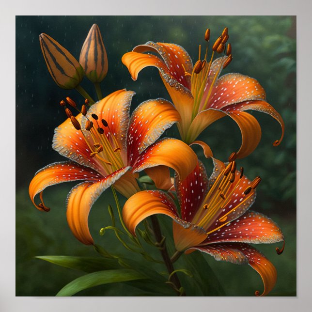 Orange Tiger Lilies Blume Art Print Poster (Vorne)
