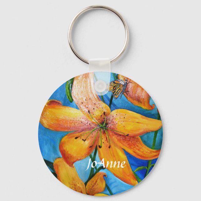 Orange Tiger Lily Floral Personalisiert Schlüsselanhänger (Vorderseite)