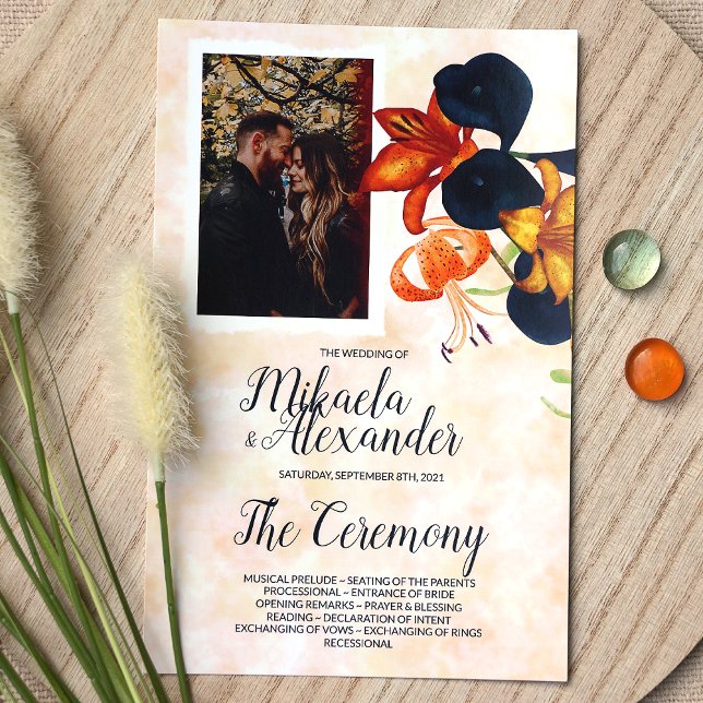 Orange Tigerlilien, Blaue Lilien Hochzeitsprogramm (Orange Blue Fall Flowers Wedding Photo Invitations, Botanical Tiger Lily Wedding Announcements)