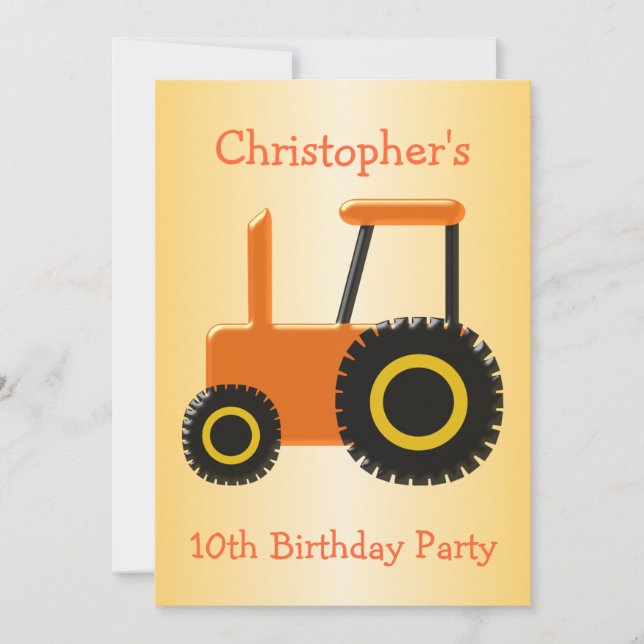 Orange Tractor Birthday Party Einladung (Vorderseite)