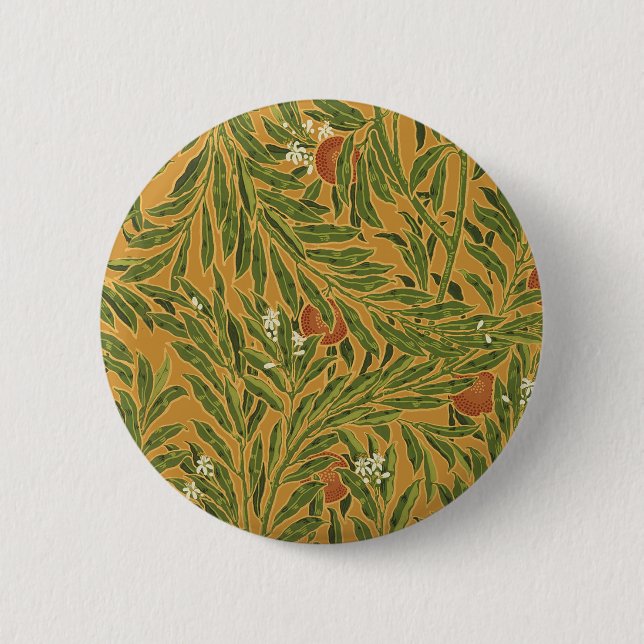 Orange Tree Vintage Tapete Muster Jugendstil Button (Vorderseite)