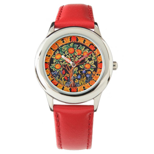 ORANGE TREM MIT GRÜNEN BLÄTTER, BLUME ARMBANDUHR (Vorderseite)