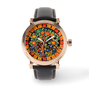 ORANGE TREM MIT GRÜNEN BLÄTTER, BLUME ARMBANDUHR