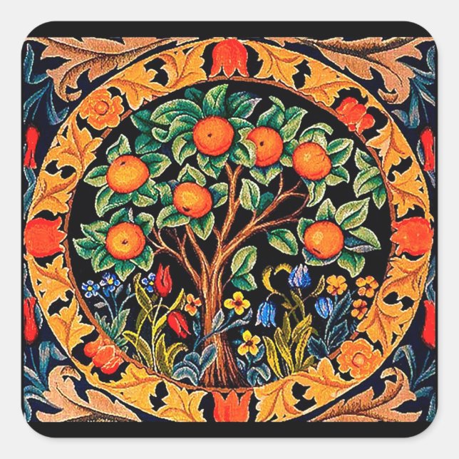 ORANGE TREM MIT GRÜNEN BLÄTTER, BLUME QUADRATISCHER AUFKLEBER (Vorderseite)