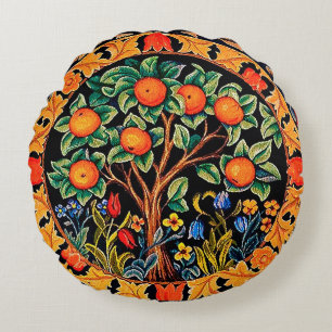 ORANGE TREM MIT GRÜNEN BLÄTTER, BLUME RUNDES KISSEN
