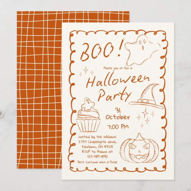 Orange Trendy Hand Drawn Sketchy Halloween-Party Einladung (Vorne/Hinten)