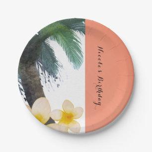 Orange Tropical Palm Tree & Plumeria Summer Party Pappteller