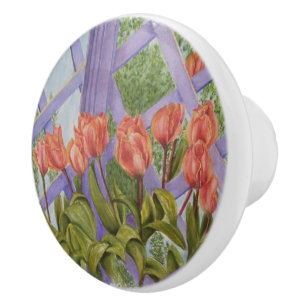 ORANGE TULIPS MIT LILA LATTICE TÜR KNOB KERAMIKKNAUF