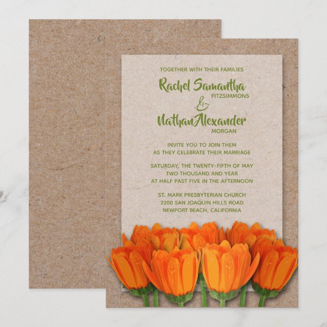 Orange Tulips on Kraft Wedding Einladungen (Vorne/Hinten)