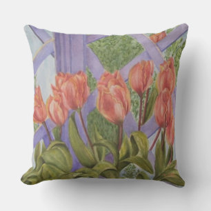 ORANGE TULPEN BLUMEN AUF LILA GITTER TERRASSE KISSEN