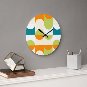 Orange Türkis Blau Limettengrün Retro Kunst Muster Große Wanduhr
