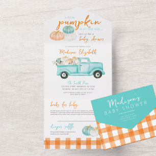 Orange & Türkis Pumpkin Truck Kinderdusche All In One Einladung