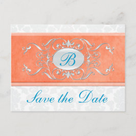 Orange, Türkis und Grau Damask Save the Date Ankündigungspostkarte