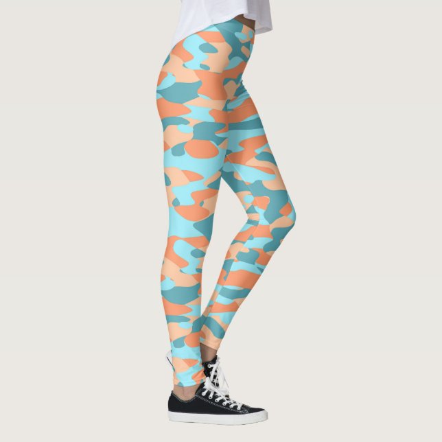 Orange Türkise Aquamarin Blue Camouflage Pattern Leggings (Rechts)