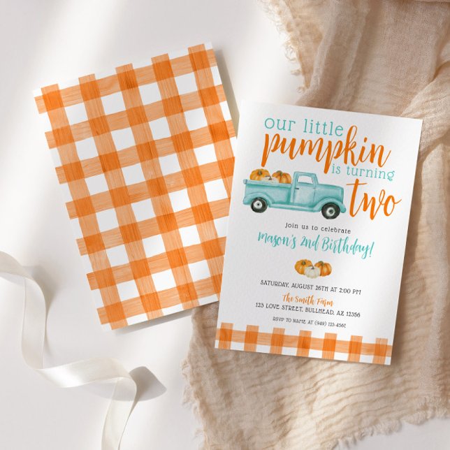 Orange & Türkise Pumpkin Harvest Truck Birthday Einladung (Von Creator hochgeladen)