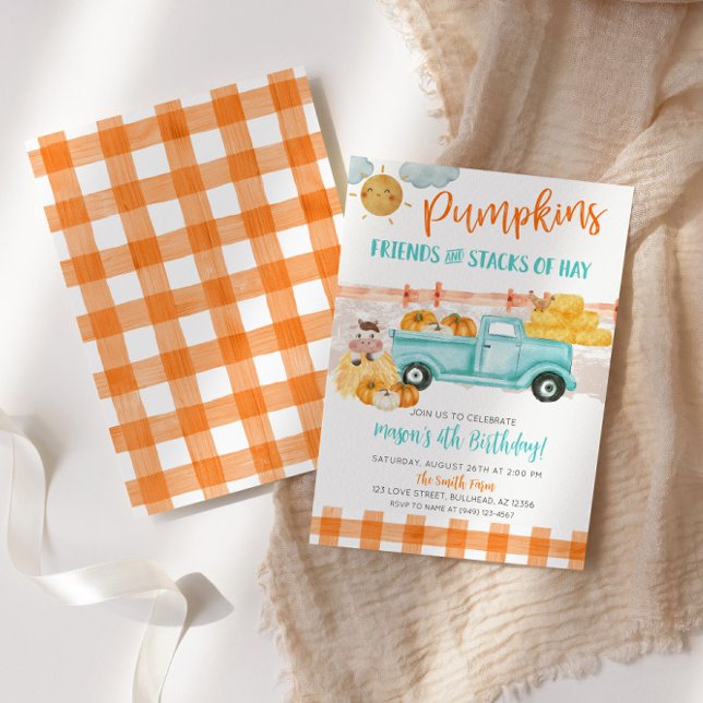 Orange & Türkise Pumpkin Harvest Truck Birthday Einladung (Von Creator hochgeladen)