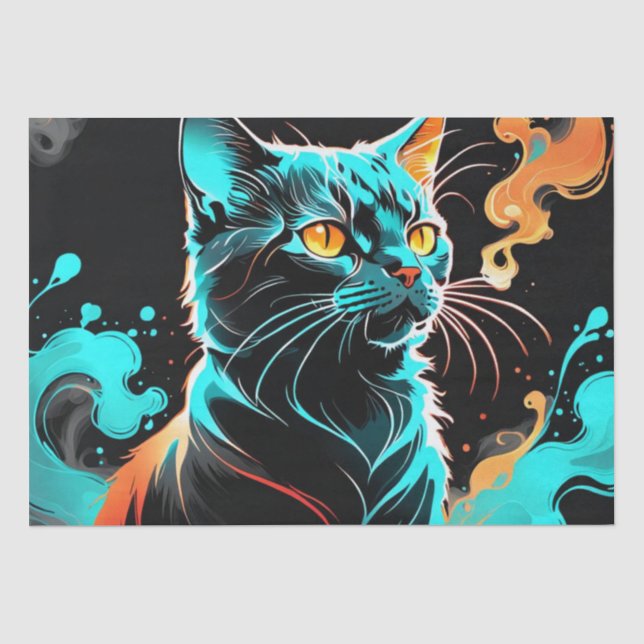 Orange, türkisfarbener Rauch, schwarze Katze Dekou Seidenpapier (Vorderseite)