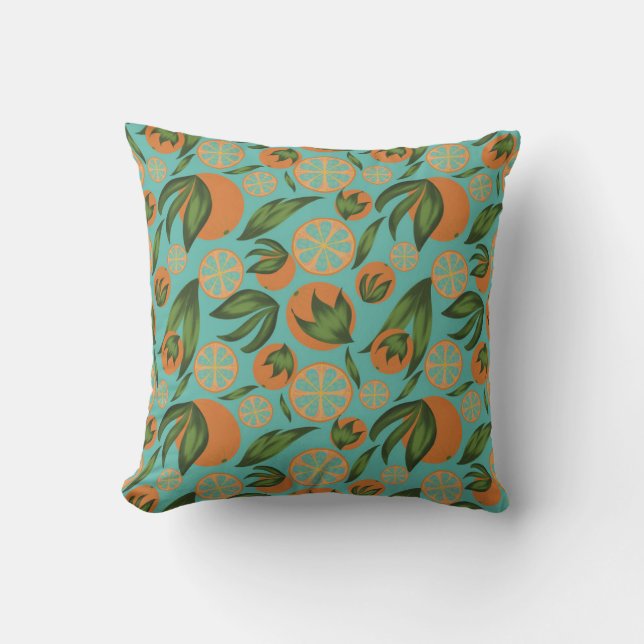 Orange-türkisfarbenes botanisches Muster Kissen (Vorderseite)
