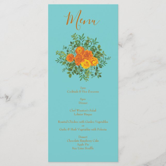 Orange & Turquoise Aqua Peony & Mariage Rose Menu (Devant)