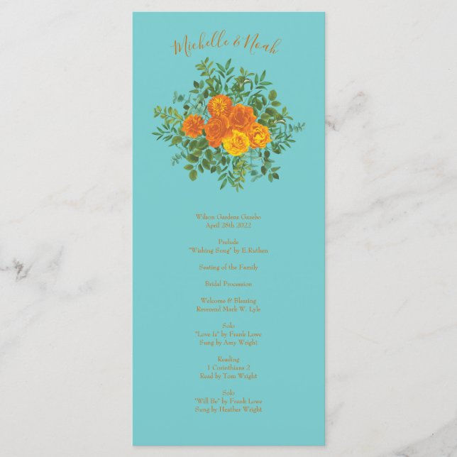 Orange Turquoise Aqua Peony Programmes de mariage  (Devant)