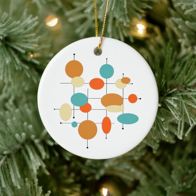Orange Turquoise Circles Mitte Jahrhundert Weihnac Keramik Ornament (Baum)
