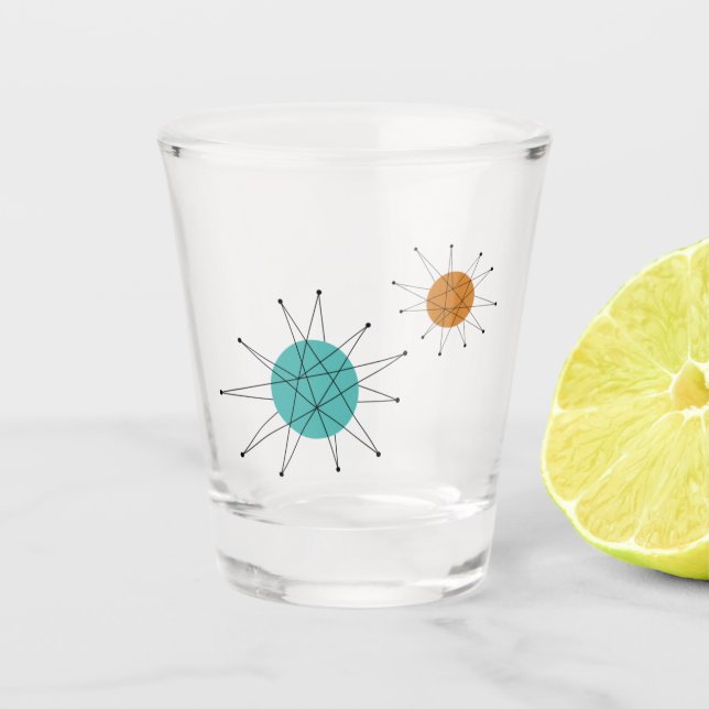 Orange Turquoise Franciscan Sternexplosion Mitte J Schnapsglas (Vorderseite)